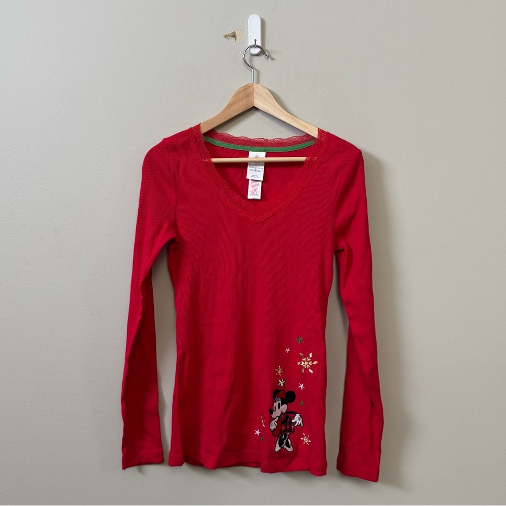 Disney women’s Minnie Mouse Red ribbed lace hem long sleeve top